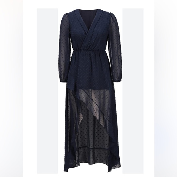 Elegant Navy Sheer Wrap Dress Size Large - Picture 1 of 5
